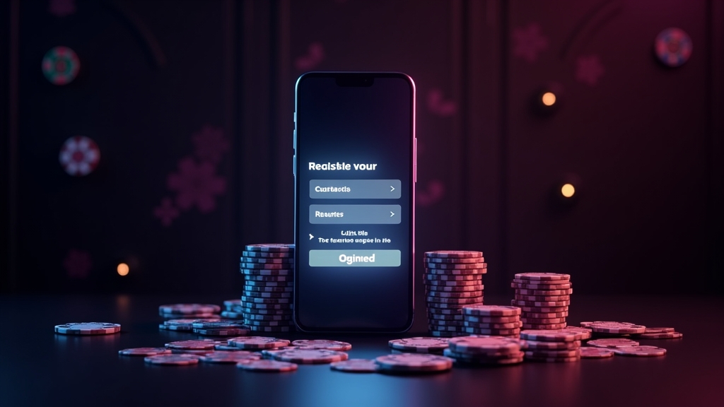 Smartphone displaying registration and login fields in a dark casino scene