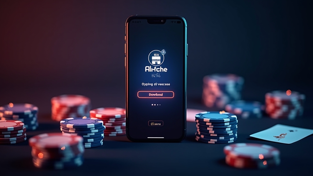 Android phone showing a betting app download in a dark casino scene