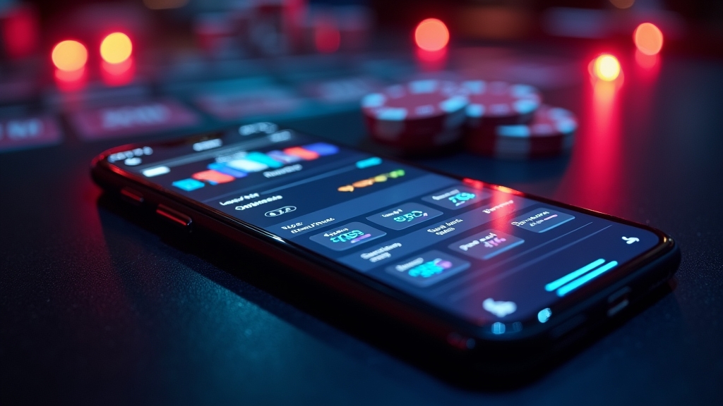A glowing smartphone displaying a mobile betting app in a dark casino setting