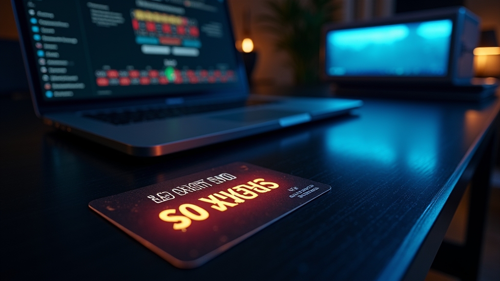 Glowing no deposit bonus card beside a laptop in a dark casino scene